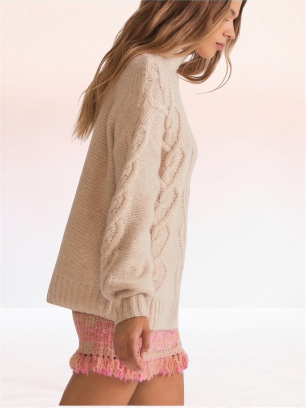 New! LoveShackFancy IZIA Cashmere Wool Blend Pullover Sweater Wheat